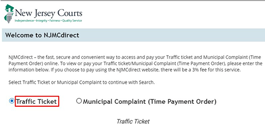 Snapshot of NJ Courts page to pay ticket