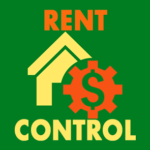 yellow house, orange cog on green background icon with "rent control"